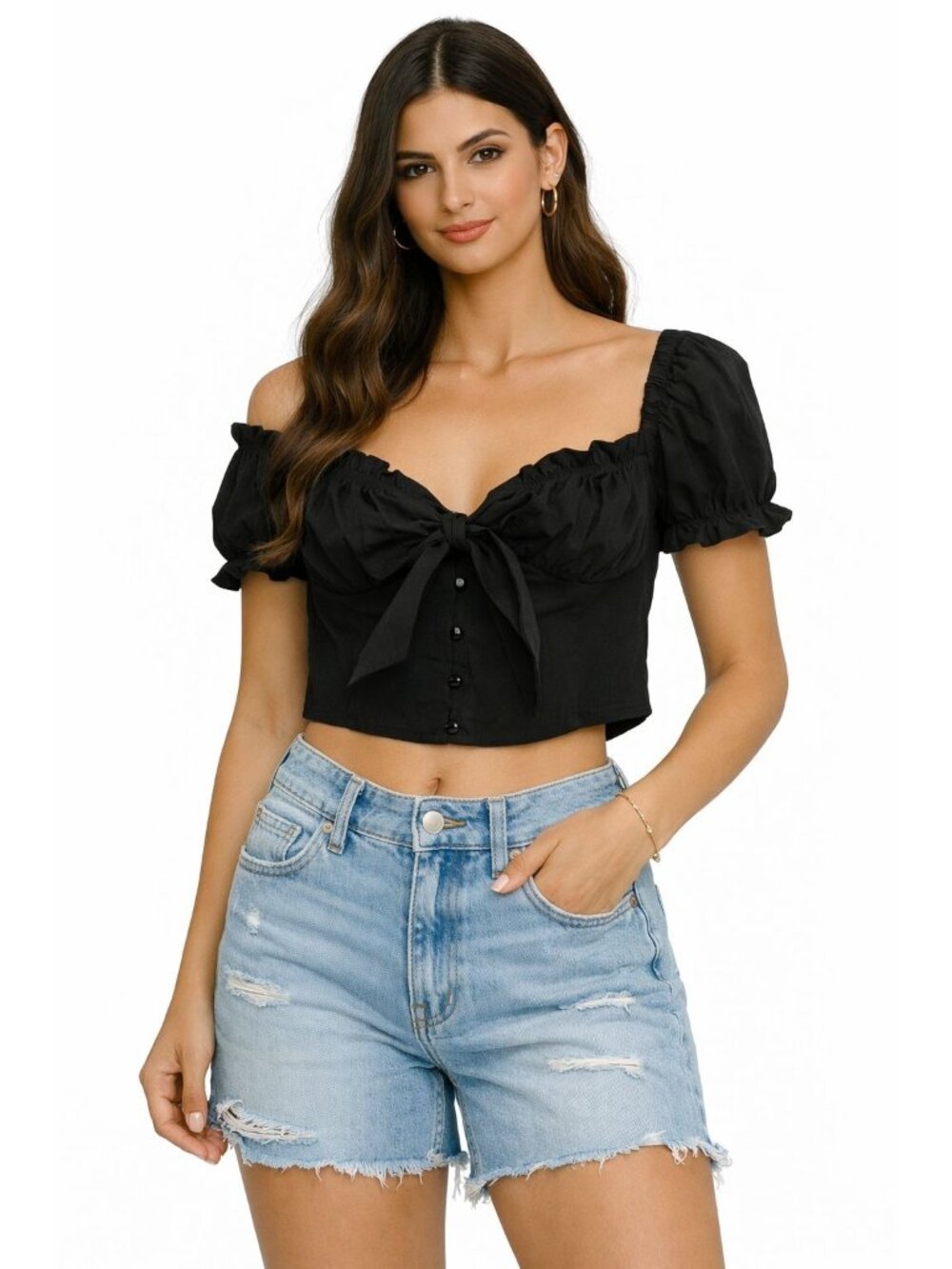 PrettyLittleThing Crop Top Womens Size 2 Black Puffed Sleeve Sweetheart Neckline
